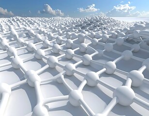 A 3D render of a lattice structure. Spherical nodes are connected by curved lines. Sky and ground create a clean, minimalist setting