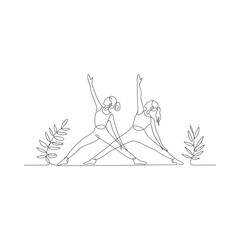 Two skeletons in a seated yoga pose surrounded by plants