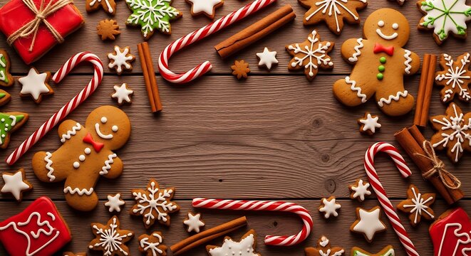Festive christmas gingerbread cookies and candy canes on wooden surface