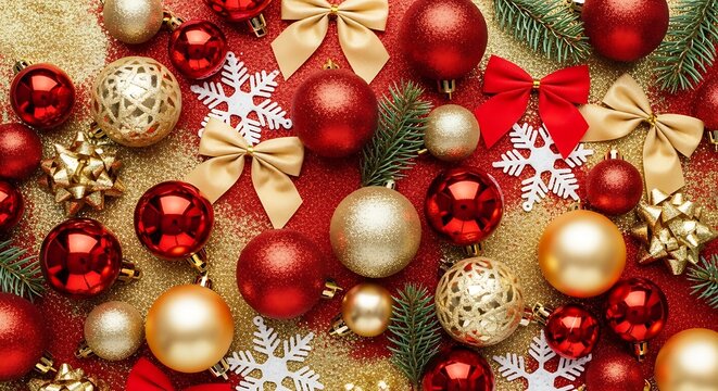 Overhead shot of christmas ornaments and decorations on a red background