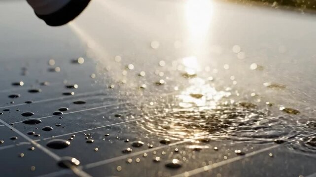 Close Up Sprinkling Water on Solar Panel for Clean Energy Maintenance with Reflecting Sunlight and Water Drops Creating Renewable Power during Sunset Time for Commercial Advertising