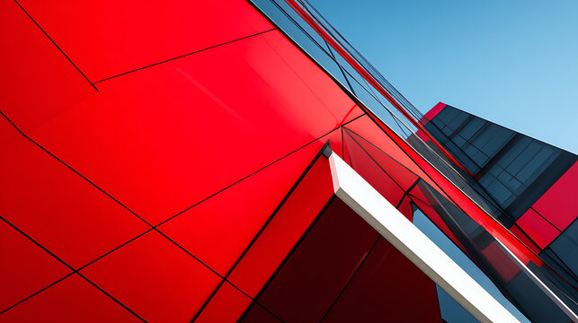 Bold crimson geometric facade with reflective glass panels against clear sky modern architecture abstract