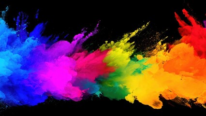 Vibrant Rainbow Powder Explosion Against Black Background With Copy Space Keywords: powder, explosion, color, paint, Holi