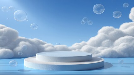 White circular podium surrounded by fluffy clouds and floating bubbles against blue sky platform
