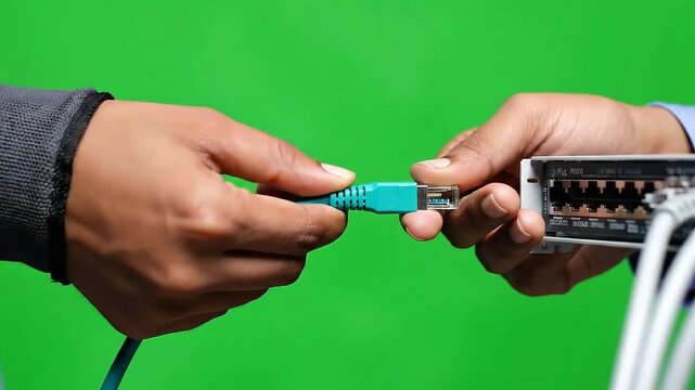 Connecting Blue Ethernet Cable to Network Switch on Green Screen Hands Holding Lan Connector Communication Equipment Device Pluging in UTP Wire Port Connection Close Up