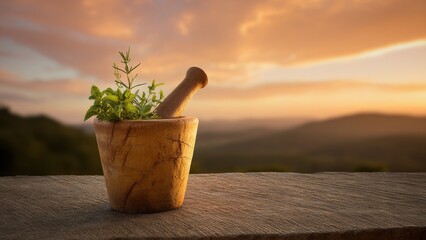 Wooden Mortar and Pestle with Fresh Herbs on a Table at Sunrise Keywords: mortar and pestle, herbs, fresh herbs, mint
