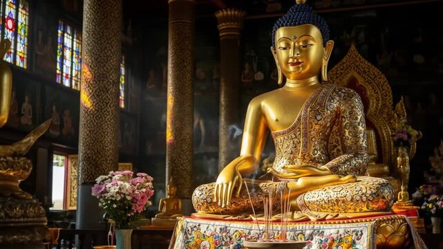 Golden Buddha Statues in Thai Temple: A Serene Meditation and Religious Experience