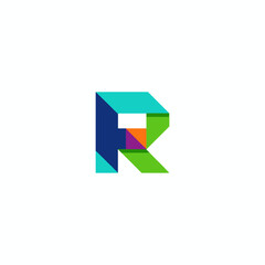 A geometric letter "R" composed of colorful, angled planes on a white background