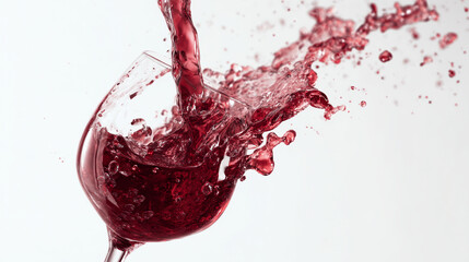Red wine being poured into a glass with a splash against a plain white background