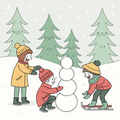 Children happily building a snowman together in a snowy forest