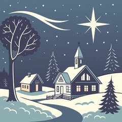 Fototapeta premium Christmas eve village scene with star and snowfall