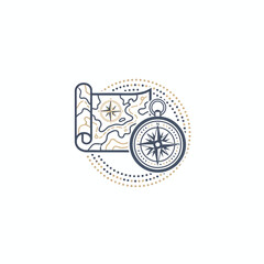 Naklejka premium A map and compass illustration, featuring nautical elements and a detailed topographic map design