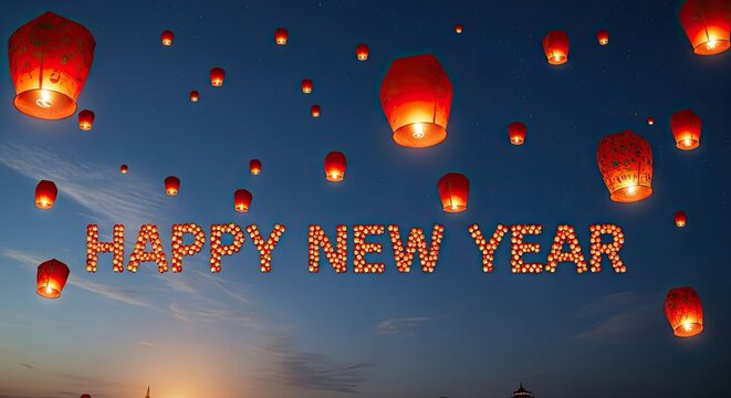 Happy New Year illuminated sky lanterns celebration