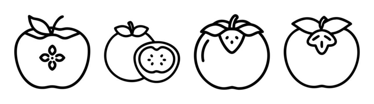 Collection of simple line art persimmon fruit icons for design and graphics