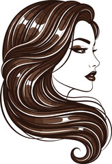 Beautiful Woman Profile with Long Shiny Flowing Brown Hair and Elegant Makeup for Beauty and Fashion Design Vector.