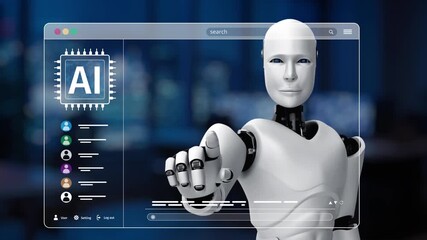 A futuristic robot engaging with an interactive virtual AI interface showcasing vibrant abstract digital art, emphasizing the blend of technology and creativity in a modern workspace. Synapse - Powered by Adobe