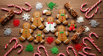 Festive gingerbread men and candy canes on a rustic wooden surface for christmas
