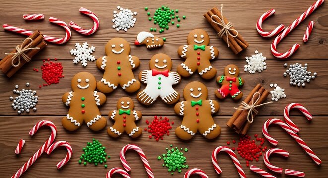 Festive gingerbread men and candy canes on a rustic wooden surface for christmas - Powered by Adobe