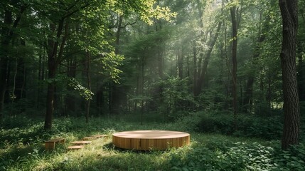 Wooden podium placed in a lush green forest under soft sunlight. Peaceful outdoor scene ideal for eco-friendly product displays and natural branding. Perfect for organic concepts, sustainability theme