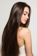 Naklejka premium Young woman with long hair posing and smiling on light background 