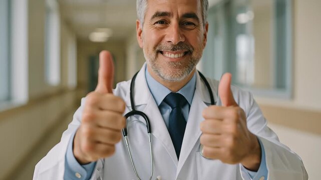 Confident doctor in bright hospital corridor gives thumbs up, promoting positive healthcare experience with successful health check form completion