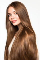Naklejka premium Young woman smiling with long hair on a light background 