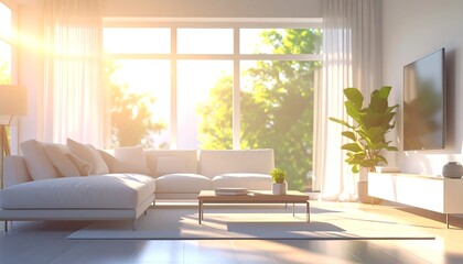Modern living room bathed in sunlight with a view of greenery