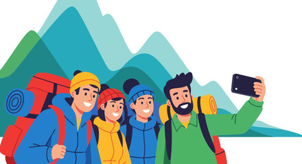 Fototapeta premium Group Of Hikers Taking A Selfie On A Mountain Peak During Their Excursion