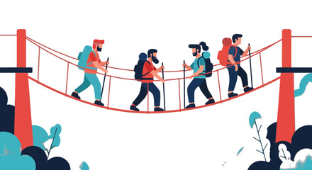 Group Of Hikers Traversing A Rope Bridge During An Evening Expedition