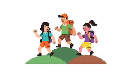 Group Of Hikers Traversing A Green Hillside Against A Stark Black Backdrop