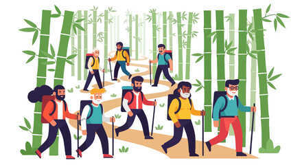 Group Of Hikers Traversing A Bamboo Forest On A Nature Trail Adventure