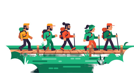 Group Of Hikers Traversing A Wooden Bridge In A Minimalist Flat Design Style