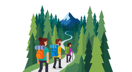 Group Of Hikers Traversing Mountain Trail Through A Verdant Forest Environment