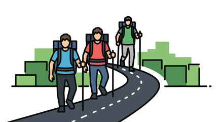 Group Of Hikers Traversing Mountain Road Depicted In Modern Flat Illustration Style