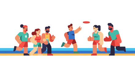 Group Of People Playing Frisbee Outdoors At Sunset Geometric Design Illustration