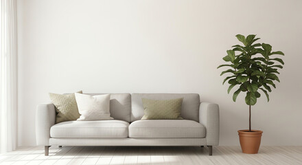 Fototapeta premium Couch and plant in bright modern interior