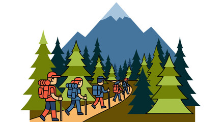 Group Of Hikers Traversing Mountainous Nature Trail Amidst Tall Evergreen Forest