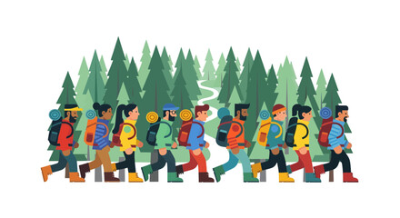 Group Of Hikers Traversing Mountainous Terrain Amidst the Verdant Pine Forest