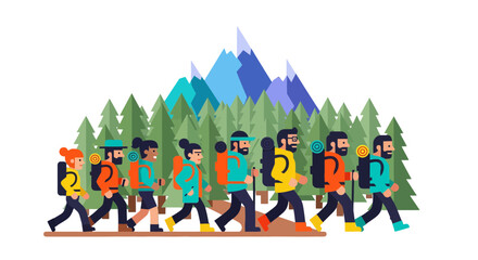 Group Of Hikers Traversing Mountainous Terrain Amidst Verdant Forest and Majestic Peaks