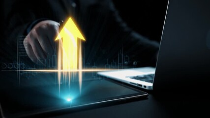 A business professional analyzes stock market trends using a laptop, highlighting digital graphics and a focus on growth, symbolizing investment opportunities and strategy. Qubit - Powered by Adobe