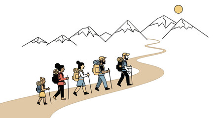 Group Of Hikers Traversing Mountainous Terrain Beneath A Moonlit Sky