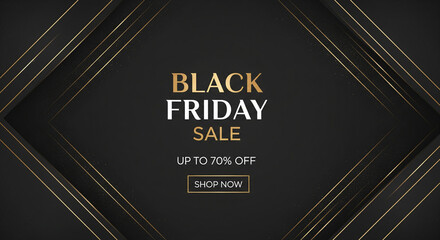 Elegant Black Friday sale banner with golden lines and up to 70% off promotion on a dark, luxurious background, featuring a 'Shop Now' button.