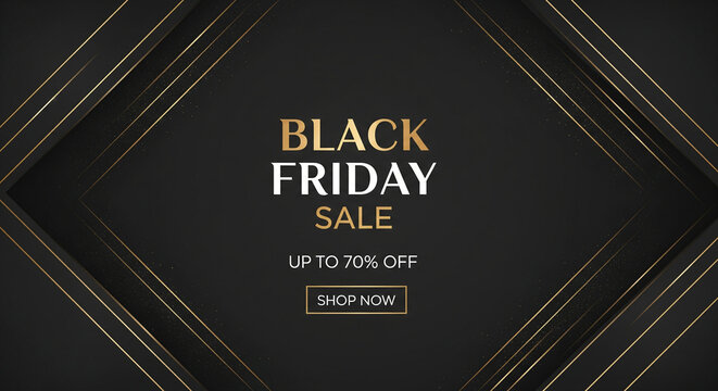 Elegant Black Friday sale banner with golden lines and up to 70% off promotion on a dark, luxurious background, featuring a 'Shop Now' button.