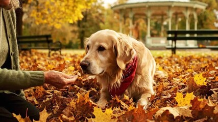 Elderly Woman in Green Sweater Giving Treats to Dog with Red Bandana Sitting in Colorful Autumn Leaves in Park with Gazebo
