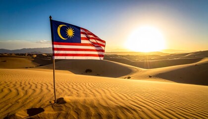 Majestic Malaysian Flag Flying Proudly Over Golden Desert Dunes at Sunrise Symbol of National Pride and Adventure
