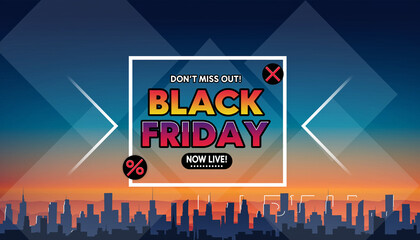 Black Friday sale promotion banner with a vibrant city skyline at sunset, featuring bold text and geometric elements.