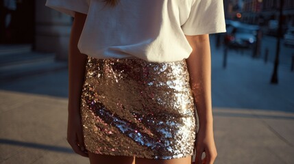 Woman wearing sequined skirt outdoors
