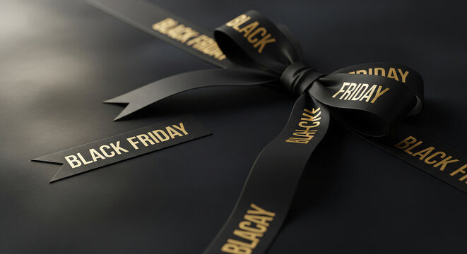 A vibrant Black Friday sale banner with colorful text "BLACK FRIDAY NOW LIVE!" over a cityscape silhouette at sunset.