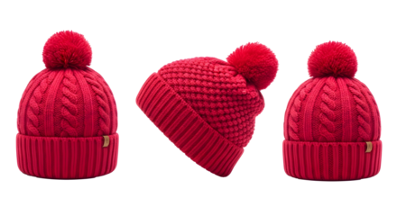 Red winter hat beanie pom knit cap headwear fashion accessory warm apparel style on transparent background