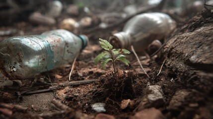 Obraz premium Small plant growing amidst trash